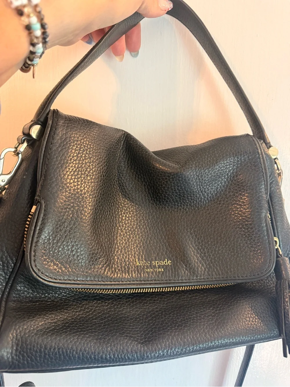 kate spade black pebbled leather shoulder bag with tassel